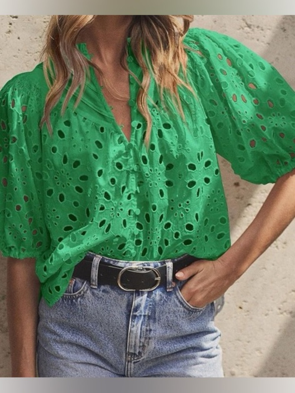 Eyelet Puff Sleeve Blouse - Green